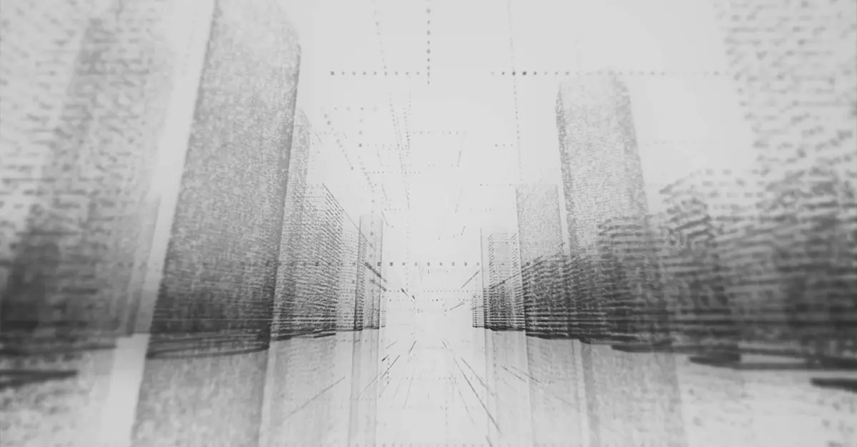Moving through the model of abstract digital city contained of random numbers and symbols. Business, communications concept. Monochromatic mockup on white bakground in 3d rendering animation