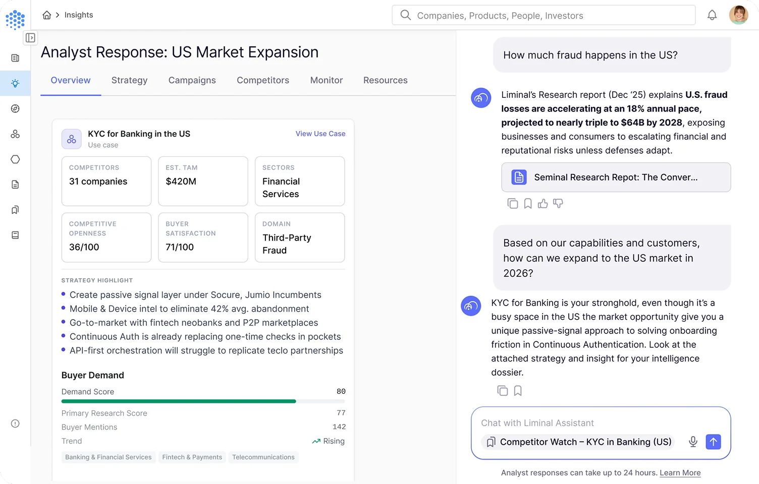 Analyst Desk menu in Command showing market insights as an example of Liminal's actionable intelligence for strategy teams.