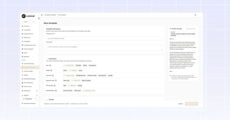 Campaigns Advanced Outreach Customization — Campaign Templates creation with voice parameters in Liminal GTM.