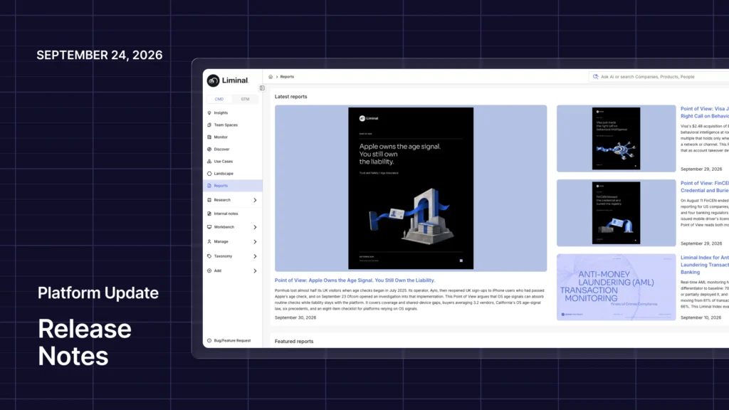 liminal-release-notes-september-24-point-of-view-reports Liminal Release Notes banner for September 24, 2026, showing the Reports page in Liminal Command with the latest Point of View reports.